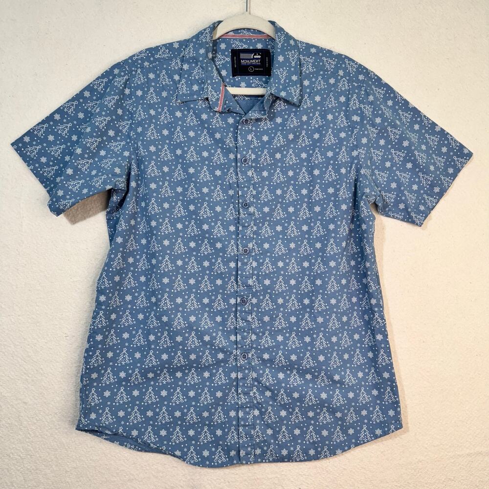 Monument Blue/White Winter Snowflake Christmas Tree Print Button-Up Shirt Large